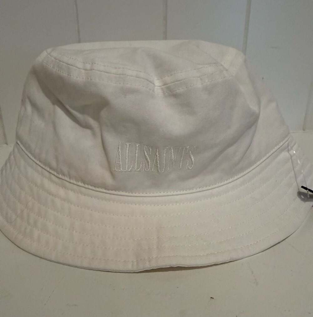 AllSaints Men's State Embroidered Logo Cotton Bucket Hat in White